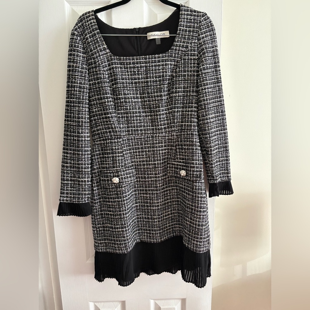 Taylor Black and White Sheath Dress with Square Neck Preppy